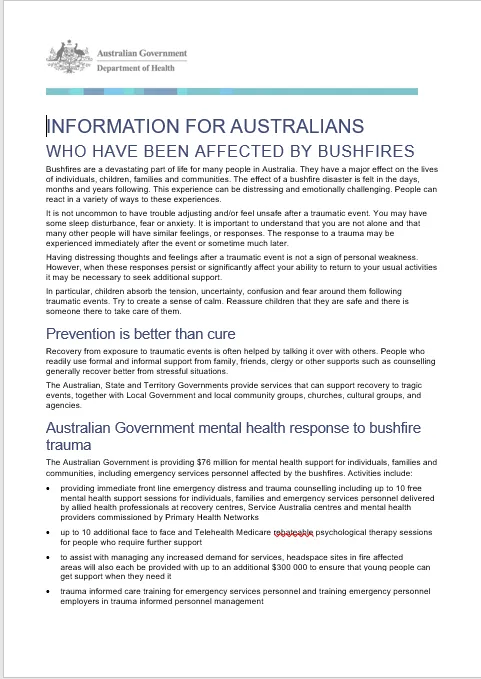 Information for people affected by bushfires