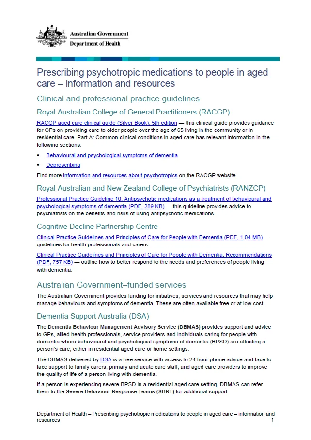 Cover image for Prescribing psychotropic medications to people in aged care – information and resources.