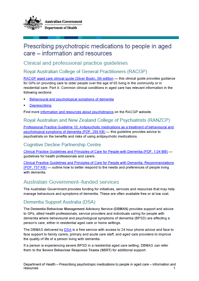 Cover image for Prescribing psychotropic medications to people in aged care – information and resources.