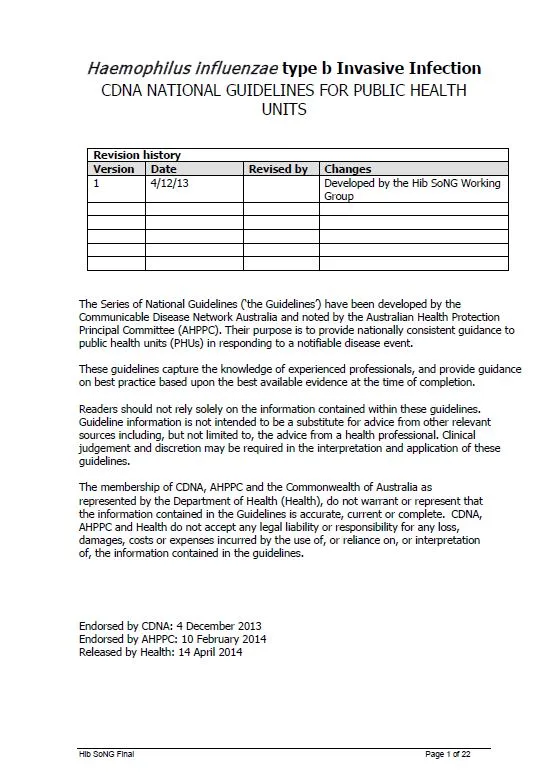 Cover image for CDNA National Guidelines – Haemophilus Influenzae Type b Invasive Infection