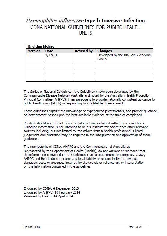 Cover image for CDNA National Guidelines – Haemophilus Influenzae Type b Invasive Infection