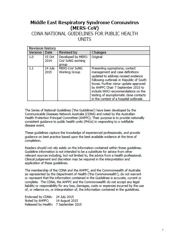 Cover image for CDNA National Guidelines – Middle East Respiratory Syndrome Coronavirus