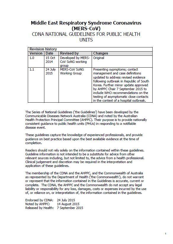 Cover image for CDNA National Guidelines – Middle East Respiratory Syndrome Coronavirus