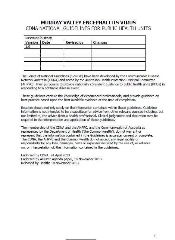 Cover image for CDNA National Guidelines – Murray Valley Encephalitis Virus