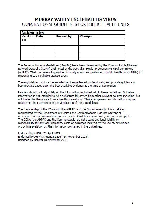 Cover image for CDNA National Guidelines – Murray Valley Encephalitis Virus