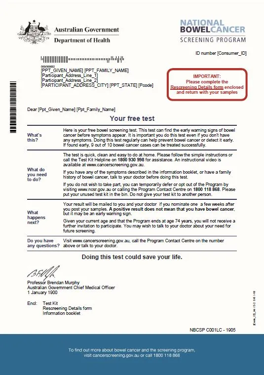 Cover image for National Bowel Cancer Screening Program – Invitation letter for 73 to 74-year-olds