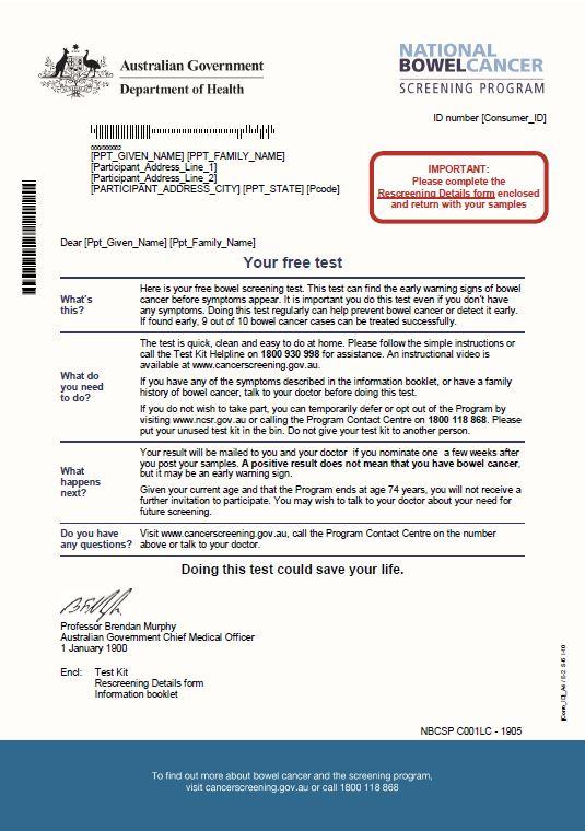 Cover image for National Bowel Cancer Screening Program – Invitation letter for 73 to 74-year-olds
