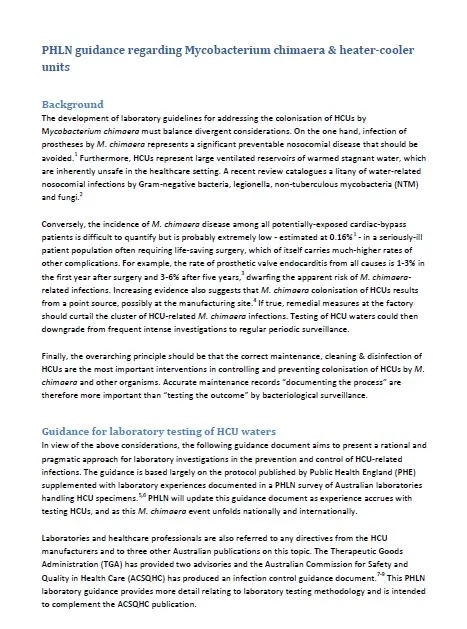 Cover image for PHLN Guidance Regarding Mycobacterium Chimaera and Heater–Cooler Units