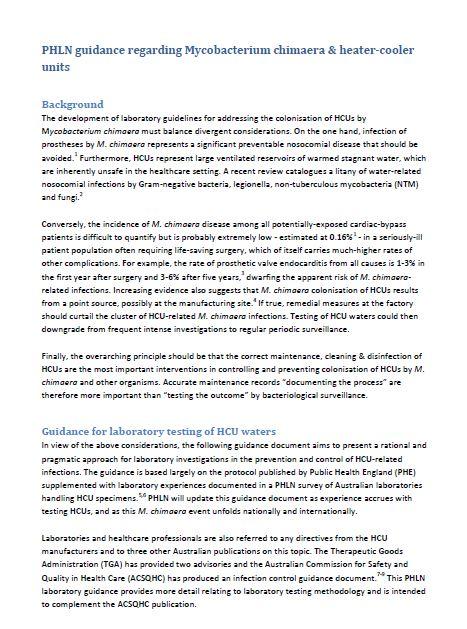 Cover image for PHLN Guidance Regarding Mycobacterium Chimaera and Heater–Cooler Units