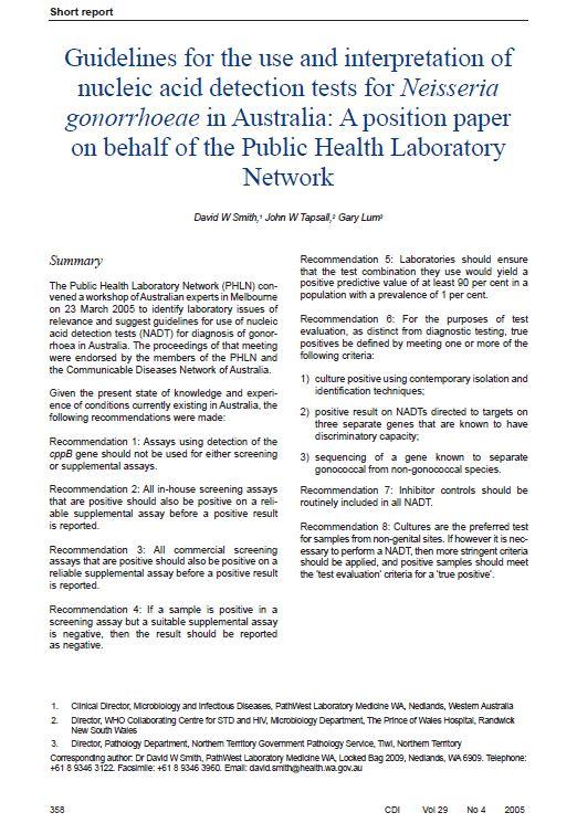 Cover image for PHLN Guidelines for the Use and Interpretation of Nucleic Acid Detection Tests for Neisseria gonorrhoeae in Australia