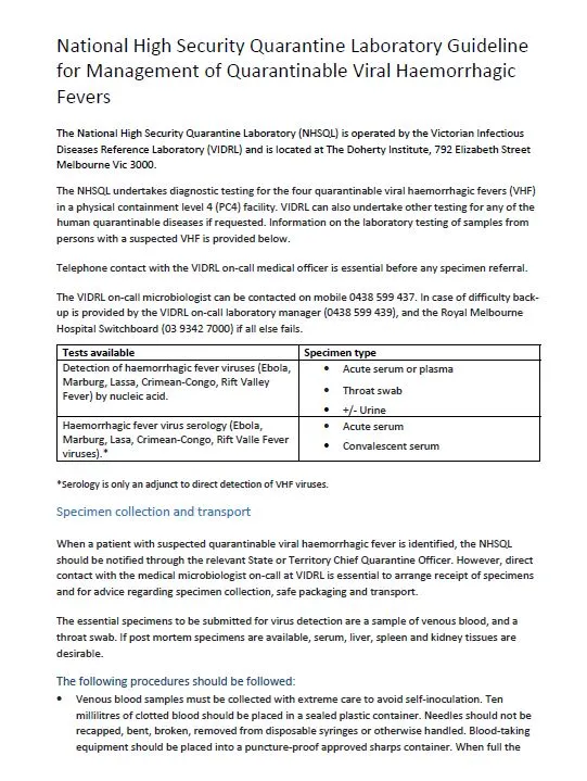 Cover image for National High Security Quarantine Laboratory Guideline for Management of Quarantinable Viral Haemorrhagic Fevers