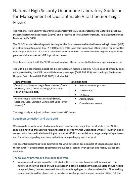 Cover image for National High Security Quarantine Laboratory Guideline for Management of Quarantinable Viral Haemorrhagic Fevers