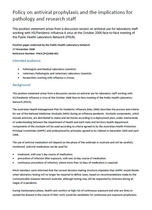 Cover image for Policy on antiviral prophylaxis and the implications for pathology and research staff