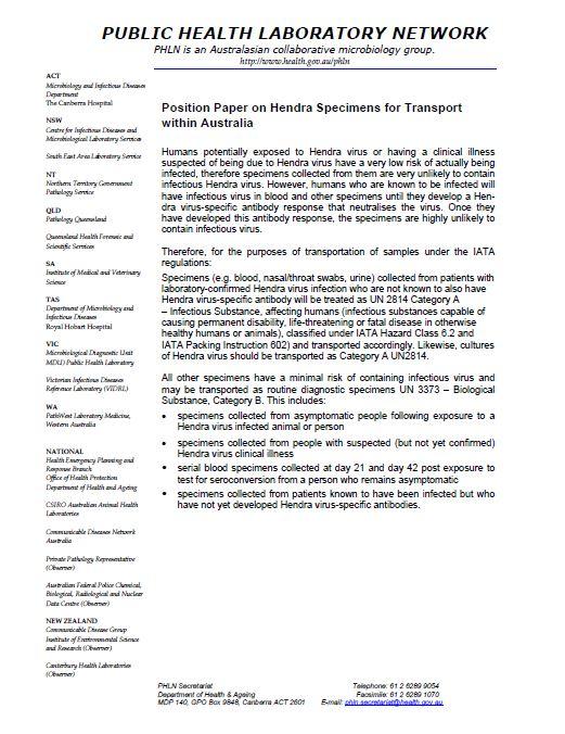 Cover image for PHLN Position Paper on Hendra Specimens for Transport within Australia