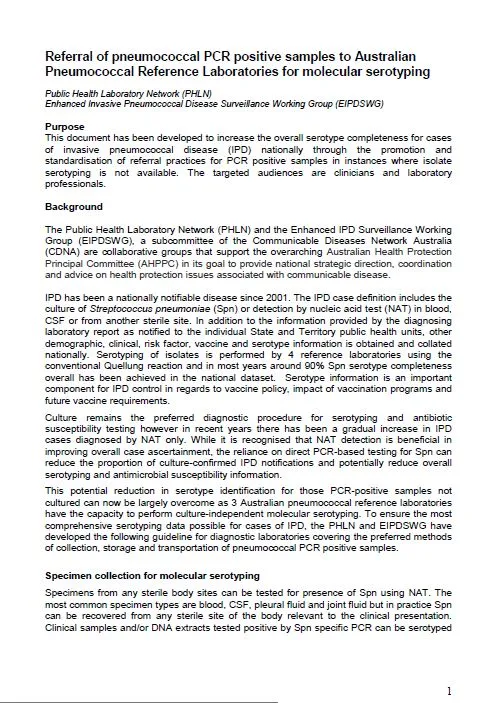 Cover image for PHLN Referral of Pneumococcal PCR Positive Samples to Australian Pneumococcal Reference Laboratories for Molecular Serotyping