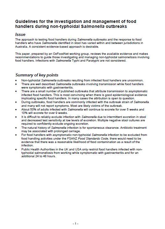 Cover image for CDNA Guidelines for the Investigation and Management of Food Handlers during Non-typhoidal Salmonella Outbreaks
