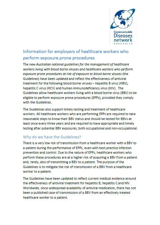 Cover image for Information for Employers of Healthcare Workers who Perform Exposure Prone Procedures 