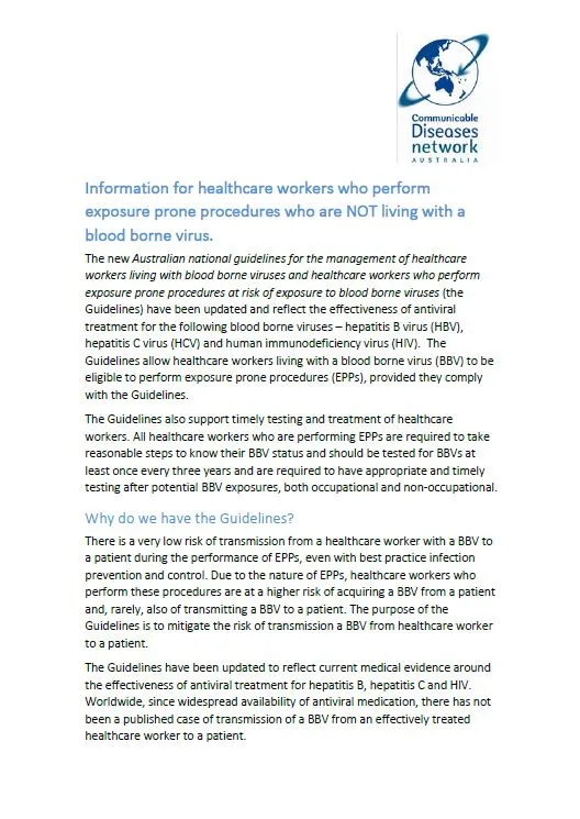 Cover image for Information for healthcare workers who perform exposure prone procedures who are NOT living with a blood borne virus