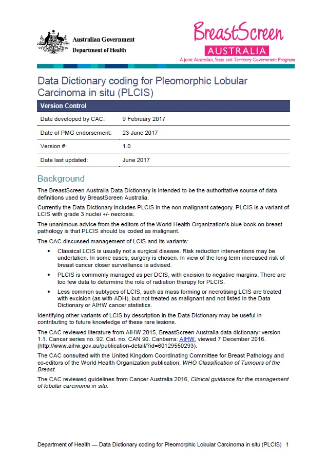 Cover image for Data Dictionary coding for Pleomorphic Lobular Carcinoma in situ (PLCIS)