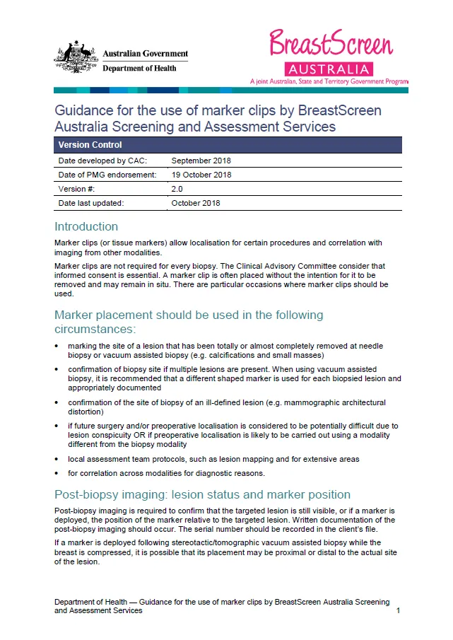 Cover image for Guidance for the use of marker clips by BreastScreen Australia Screening and Assessment Services