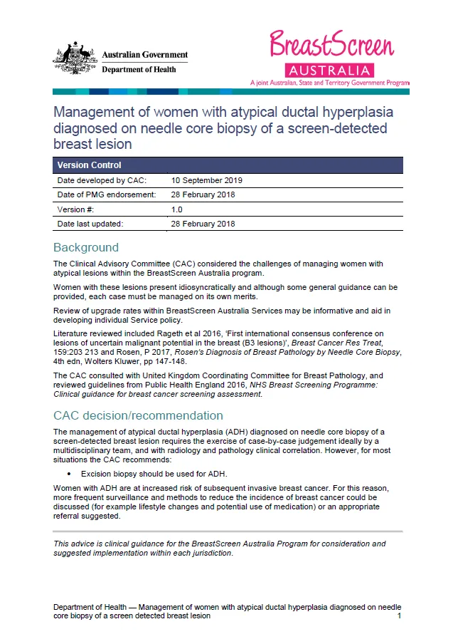 Cover image for Management of women with atypical ductal hyperplasia (ADH) diagnosed on needle core biopsy of a screen-detected breast lesion