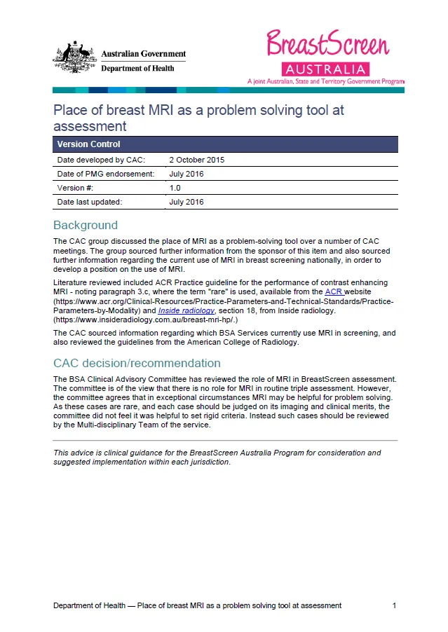 Cover image for Place of breast MRI as a problem solving tool at assessment