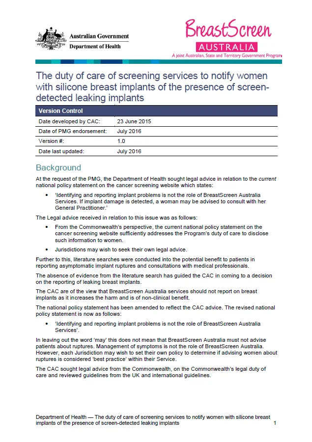 Cover image for The duty of care of screening services to notify women with silicone breast implants of the presence of screen-detected leaking implants
