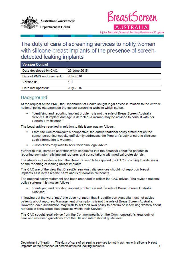 Cover image for The duty of care of screening services to notify women with silicone breast implants of the presence of screen-detected leaking implants