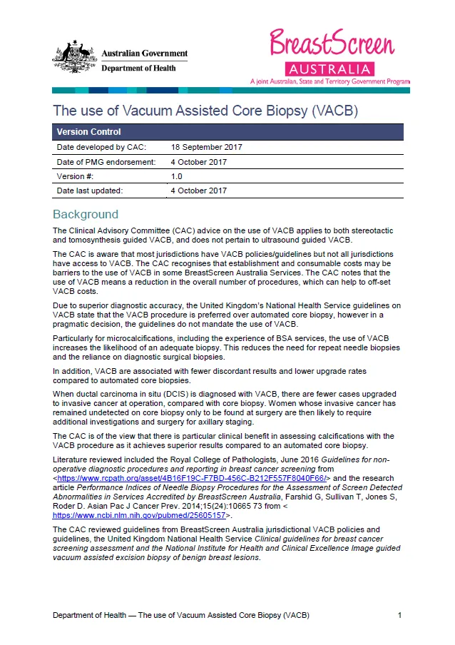 Cover image for The use of Vacuum Assisted Core Biopsy (VACB)