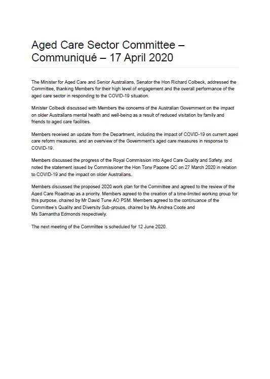 Cover image for Aged Care Sector Communique 17 April 2020