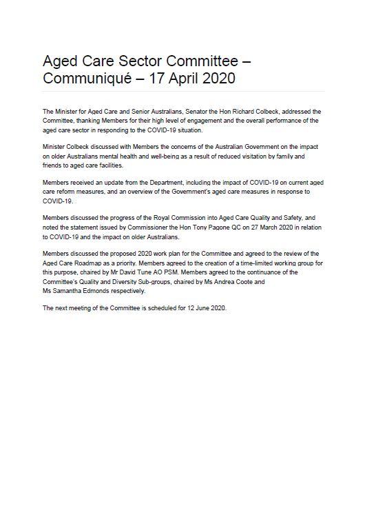 Cover image for Aged Care Sector Communique 17 April 2020