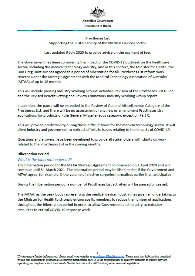 Hibernation of Agreement with the Medical Technology Association of Australia (MTAA)