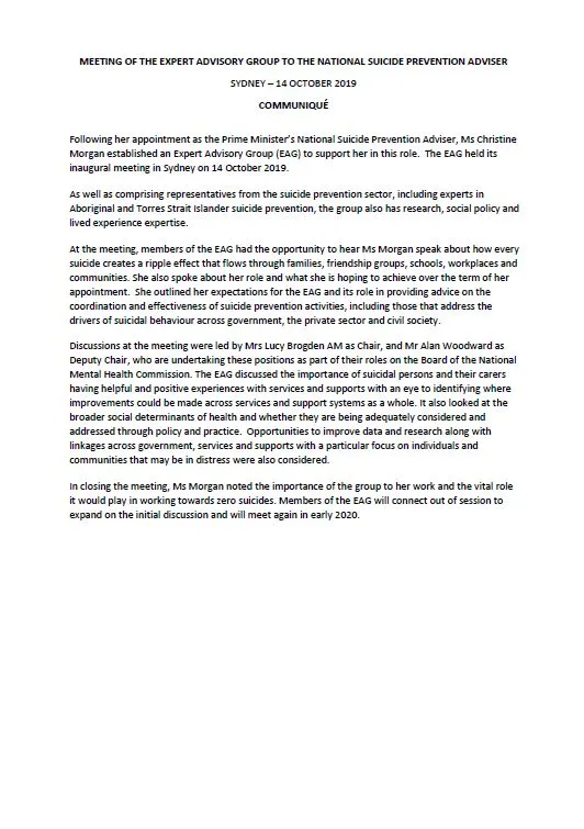 Cover image for Communique from the expert advisory group to the National Suicide Prevention Adviser 