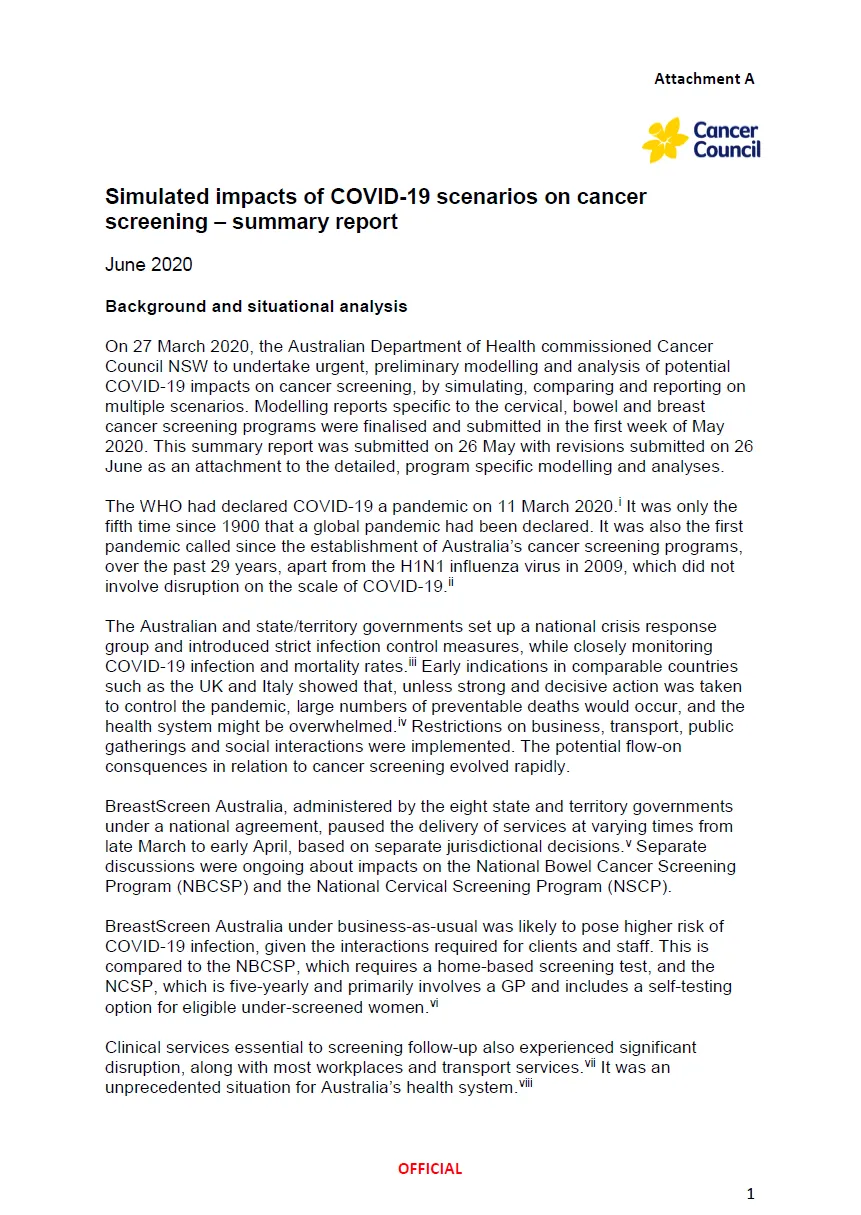 Simulated impacts of COVID-19 scenarios on cancer screening – summary report