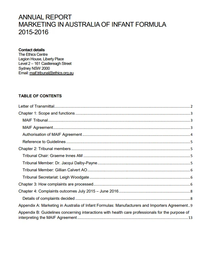 Annual Report of the Marketing in Australia of Infant Formula Tribunal 2015 - 2016
