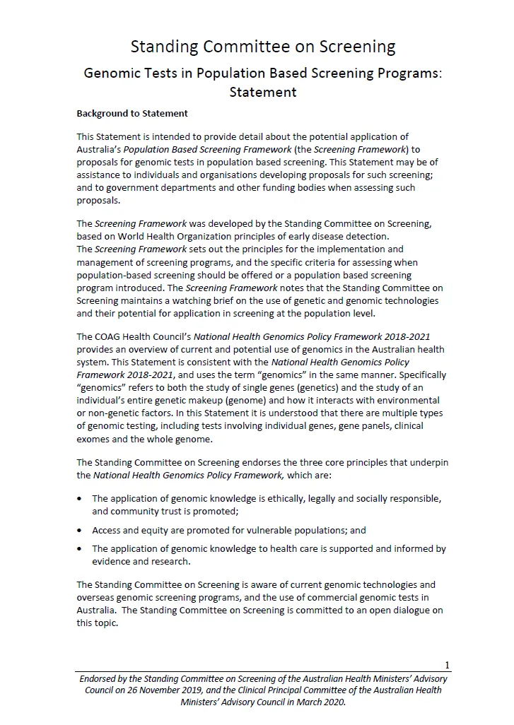 Genomic tests in population-based screening programs – position statement