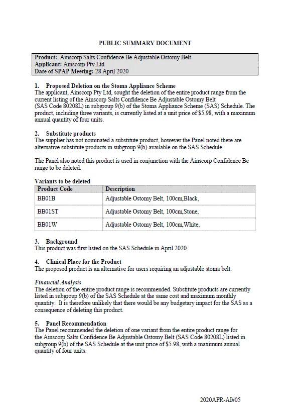 Cover image for SPAP public summary documents – April 2020 – Ainscorp Salts Confidence Be adjustable ostomy belt