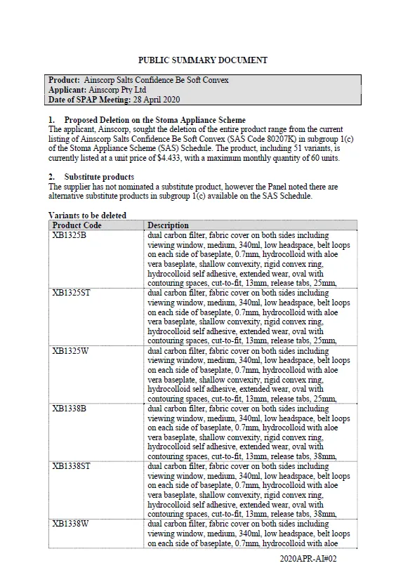 Cover image for Stoma Product Assessment Panel public summary documents – April 2020 – Ainscorp Salts Confidence Be Soft Convex