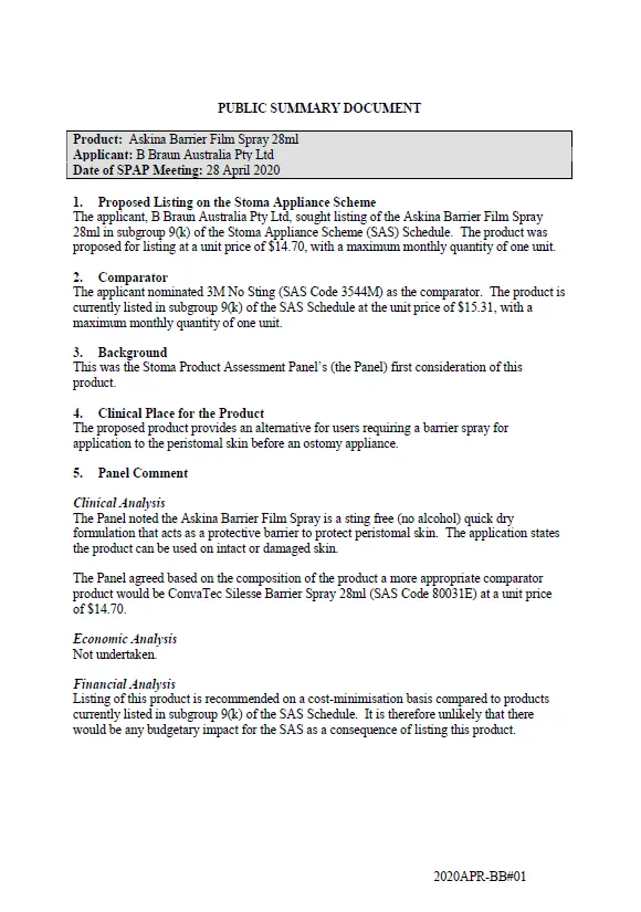 Cover image for Stoma Product Assessment Panel public summary documents – April 2020 – B Braun Askina Barrier Film Spray 28ml