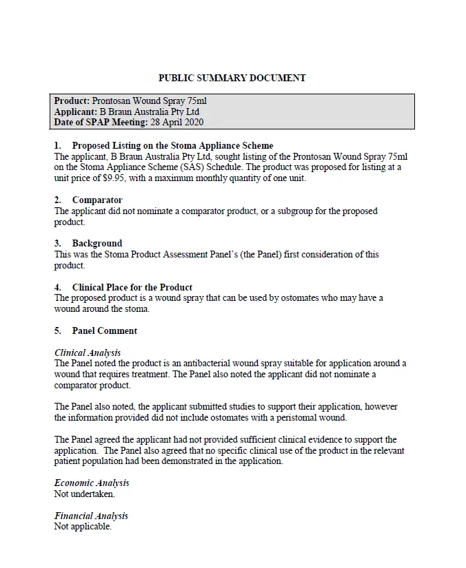 Cover image for SPAP public summary documents – April 2020 – B Braun Prontosan wound spray 75ml