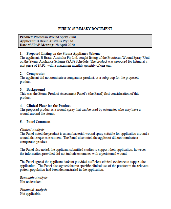 Cover image for SPAP public summary documents – April 2020 – B Braun Prontosan wound spray 75ml