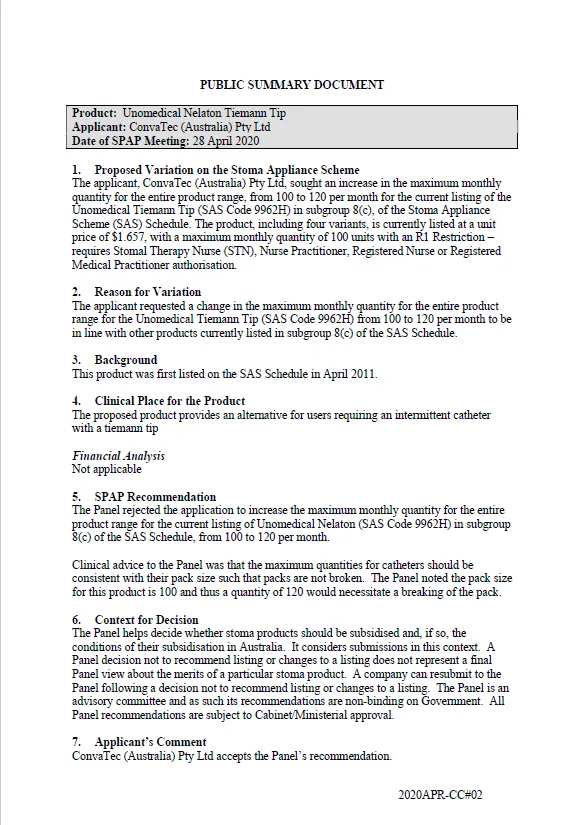 Cover image for SPAP public summary documents – April 2020 – ConvaTec Unomedical Nelaton Tiemann Tip