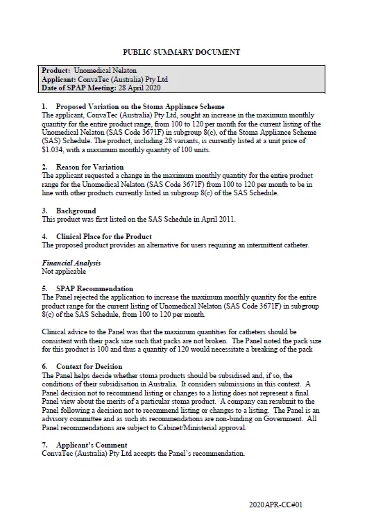 Cover image for SPAP public summary documents – April 2020 – ConvaTec Unomedical Nelaton