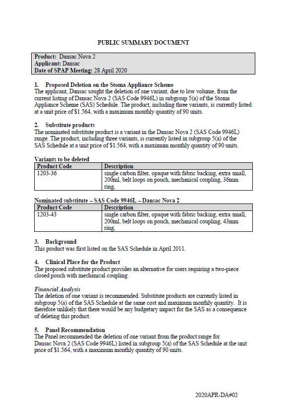 Cover image for SPAP public summary documents – April 2020 – Dansac Nova 2