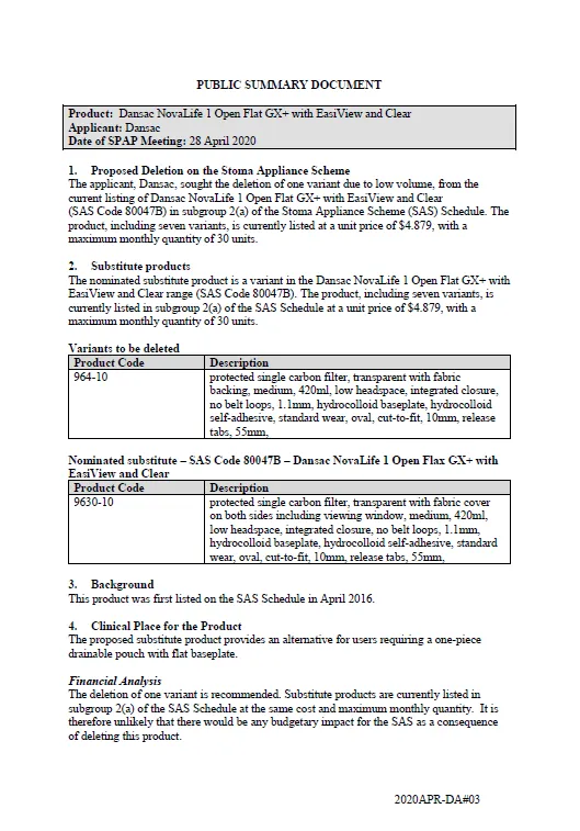Cover image for SPAP public summary documents – April 2020 – Dansac NovaLife 1 Open Flat GX+ with EasiView and Clear