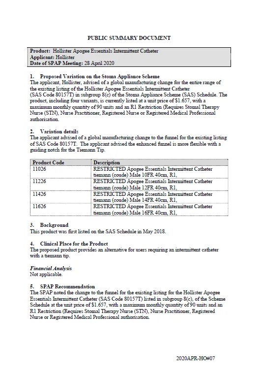 Cover image for SPAP public summary documents – April 2020 – Hollister Apogee Essentials Intermittent Catheter 