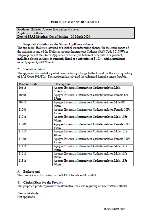 Cover image for SPAP public summary documents – April 2020 – Hollister Apogee Intermittent Catheter variation