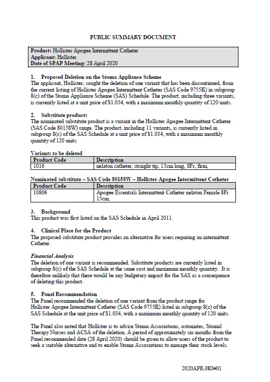 Cover image for SPAP public summary documents – April 2020 – Hollister Apogee Intermittent Catheter