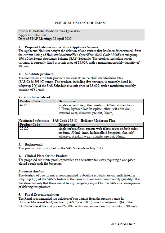 Cover image for SPAP public summary documents – April 2020 – Hollister Moderma Flex QuietWear