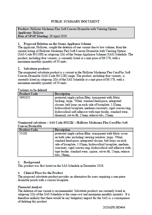 Cover image for SPAP public summary documents – April 2020 – Hollister Moderma Flex Soft Convex one-piece drainable pouch with viewing option